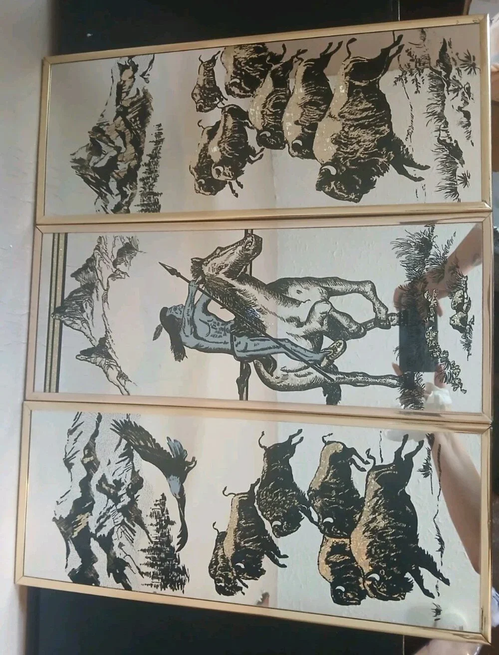 Vintage Etched Mirrors Native American Horses Set Of 3